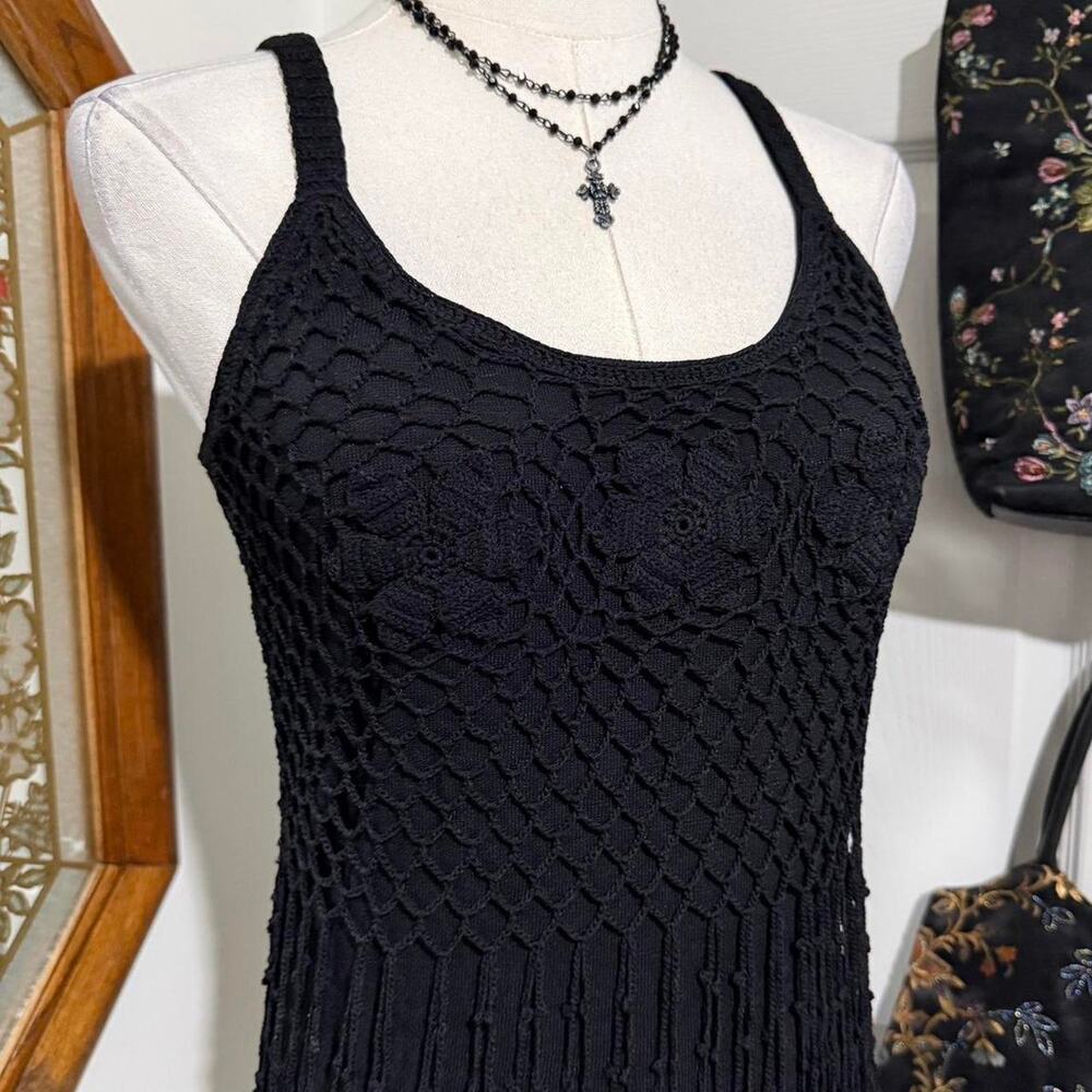 NWT Y2K Dolce Cabo Black Floral Crochet Dark Feminine Tassel Fringe Cami Top - Picture 2 of 8